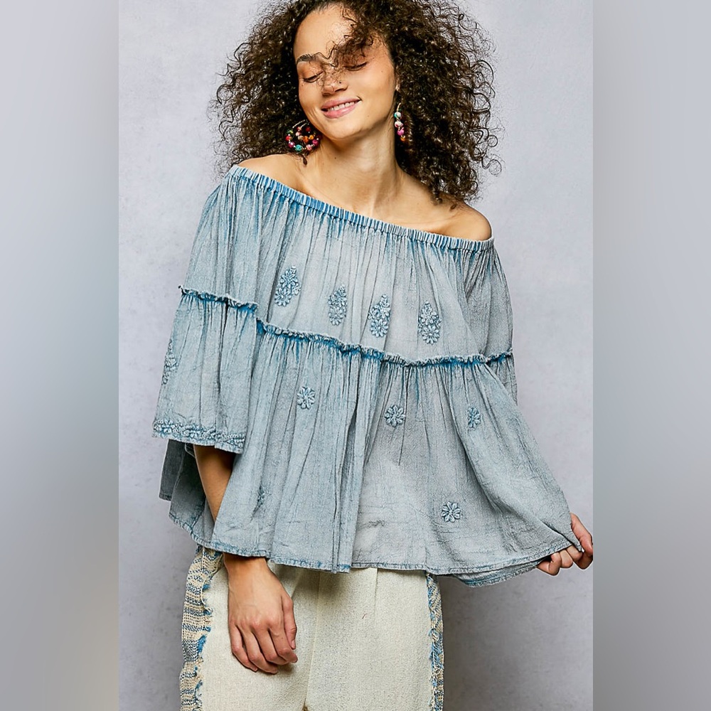 POL Light Blue Embroidered Off-Shoulder Women's Top